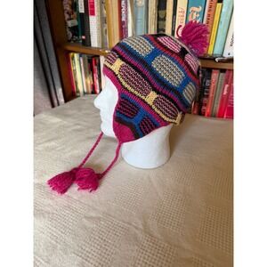 Multicolor Geometric Knit Chullo Earflap Hat with Pompoms Boho Winter Beanie